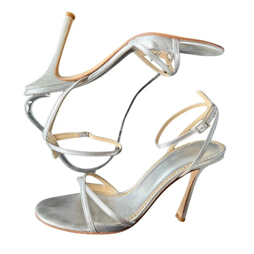 Jimmy Choo Cruise Collection Gloria Silver Ankle Strap Glitter Heels Eu Size 41